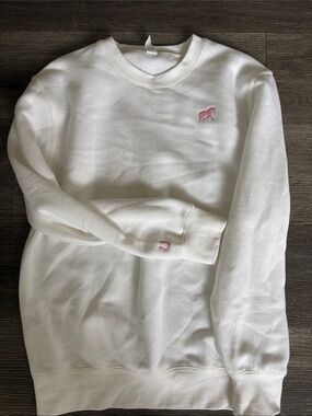 White Crewneck Sweatshirt with Pink Horse Embroidery
